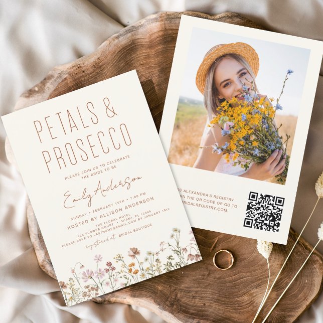 QR Code Wildflower Petals & Prosecco Bridal Shower Flyer (Creator Uploaded)