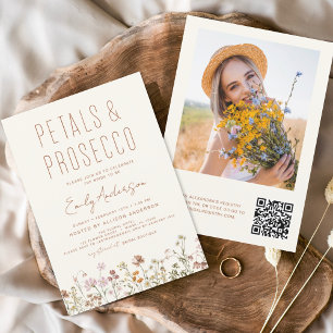 QR Code Wildflower Petals & Prosecco Bridal Shower Invitation