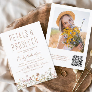 QR Code Wildflower Petals & Prosecco Bridal Shower Invitation