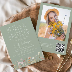 QR Code Wildflower Petals & Prosecco Sage Green Invitation