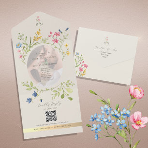 QR Code Wildflower Photo Wedding All In One Invitation