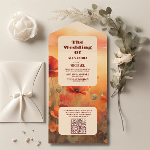QR Code Wildflower poppy minimalist modern wedding All In One Invitation