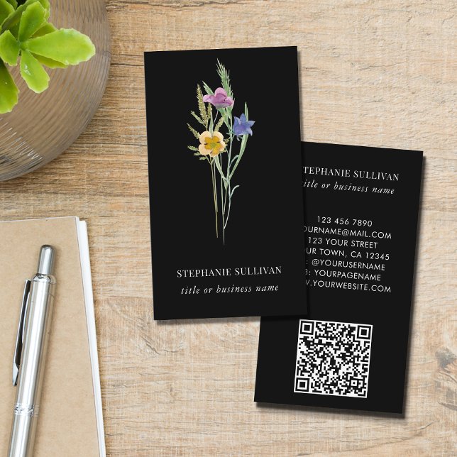 QR Code Wildflower Professional Black Business Card (Creator Uploaded)