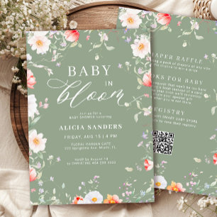 QR code wildflower sage green in bloom baby shower Invitation