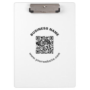 QR Code with Business Name Bold Circular Text Clipboard