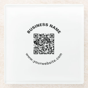 QR Code with Business Name Bold Circular Text Glass Coaster