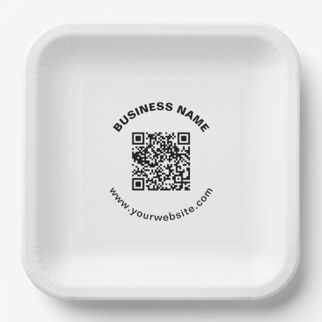 QR Code with Business Name Bold Circular Text Paper Plate (Front)