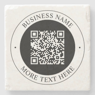 QR Code with Business Name Editable Circular Text Stone Coaster