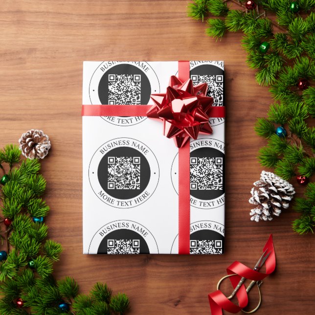 QR Code with Business Name Editable Circular Text Wrapping Paper (Holiday Gift)
