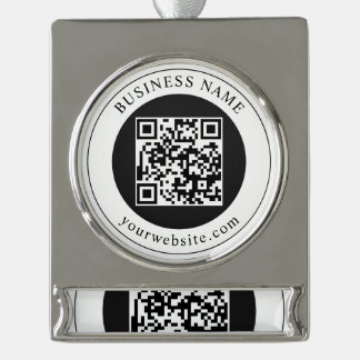 QR Code with Business Name Editable Silver Plated Banner Ornament