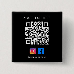 QR Code with Social Media Icons Easy Custom Black  15 Cm Square Badge