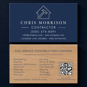 QR Code Wood Building Construction Navy Blue  Business Card