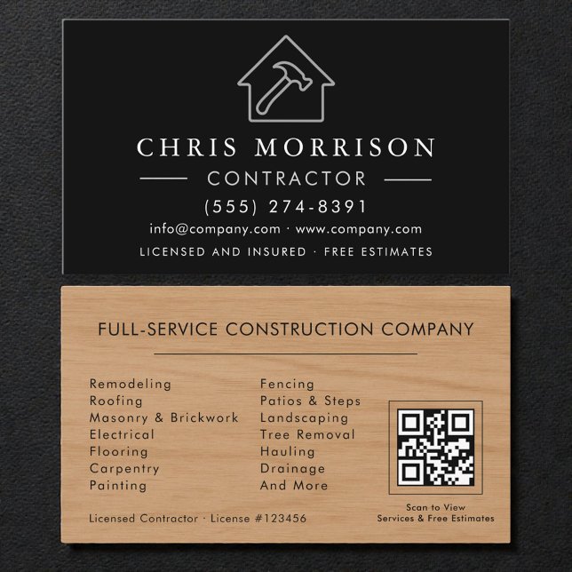 QR Code Wood Building Contractor Business Card (Creator Uploaded)