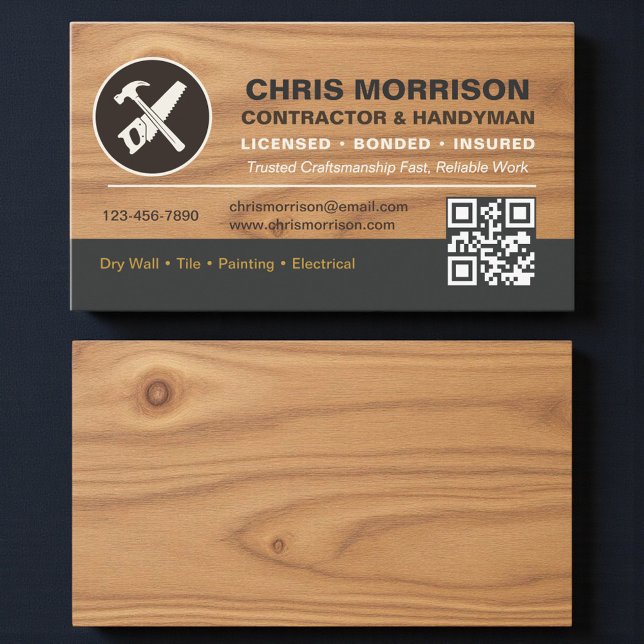 QR Code Wood Contractor Handyman Tools Logo Business Card (Creator Uploaded)