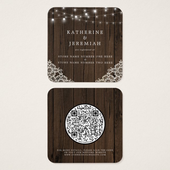 QR Code Wood Lights Lace Wedding Registry (Front & Back)