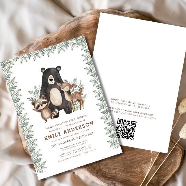 QR Code Woodland Forest Animals Baby Shower Invitation (Creator Uploaded)