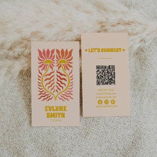 QR Code Yellow Groovy Floral Terracotta Boho Business Card