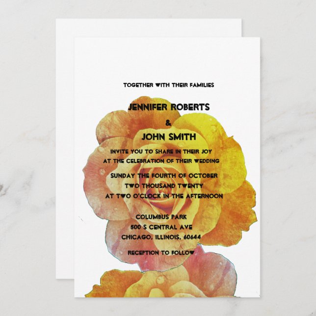 QR Code Yellow Orange White Floral Rose Wedding Invitation (Front/Back)