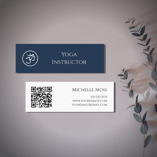 QR code Yoga Instructor Om Symbol Navy Blue Mini Business Card (Creator Uploaded)