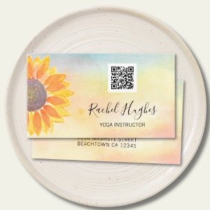 QR Code Yoga Instructor Sunflower Watercolor Business Card