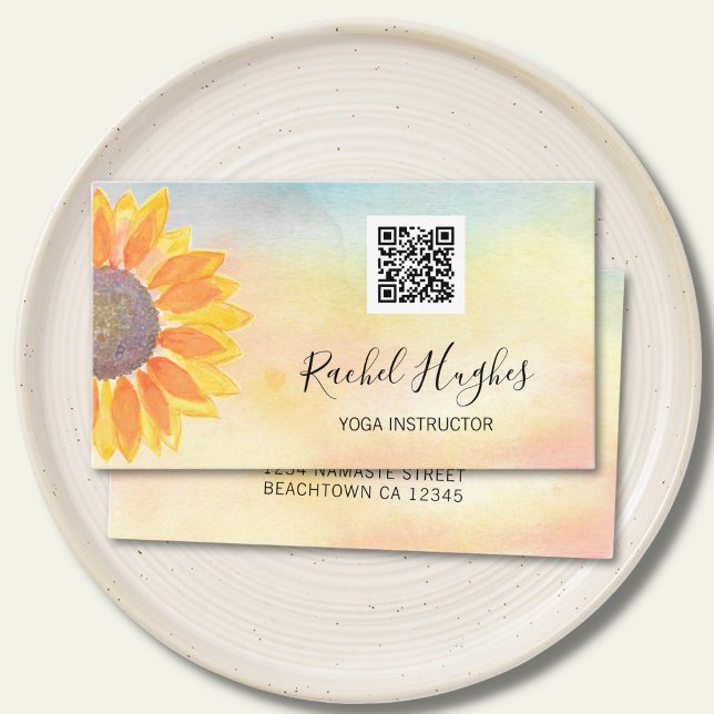 QR Code Yoga Instructor Sunflower Watercolor Business Card (Creator Uploaded)