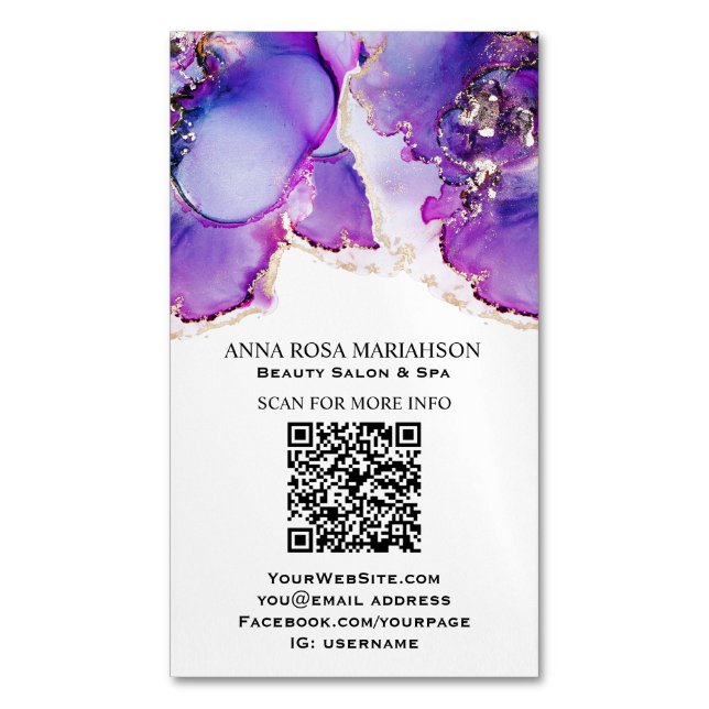 *~* QR CODE Yummy Violet Blue Gold Gilded   AP29  Magnetic Business Card (Front Vertical)