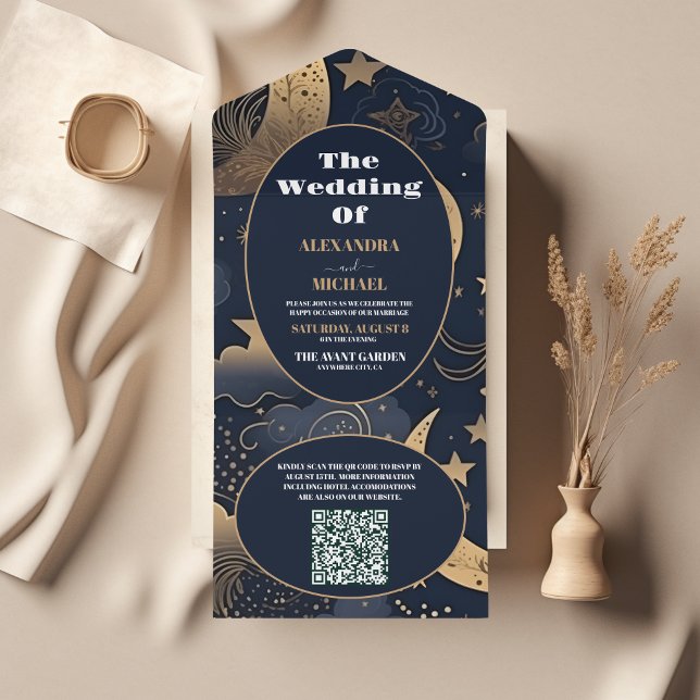 QR CodeMidnight Blue Gold Celestial Wedding All In One Invitation (Creator Uploaded)