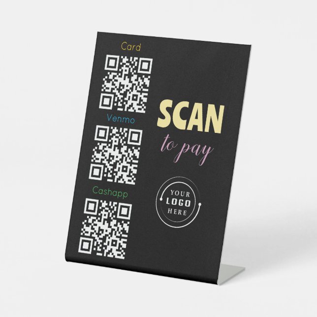 QR Codes Upload & Logo 3 Payment Apps gold & black Pedestal Sign (Front)
