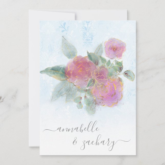 *~* QR Damask AR12 RSVP Rose Bouquet Gold Wedding  Invitation (Front)