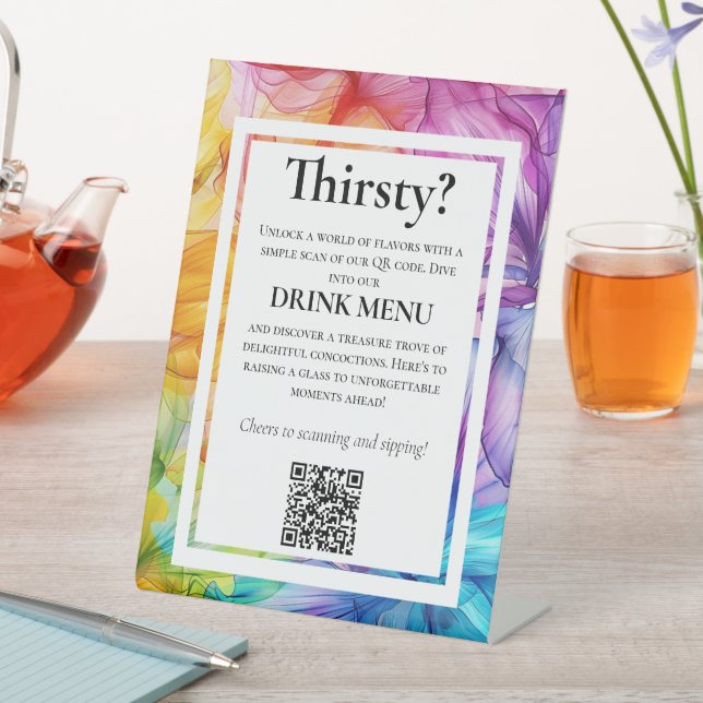 QR DRINKS Wedding Menu Ethereal Bloom Pedestal Sign (In SItu)