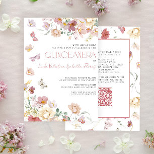 QR Elegant Blush Pink Floral Butterfly Quinceañera Invitation