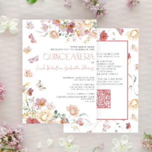 QR Elegant Blush Pink Floral Butterfly Quinceañera Invitation