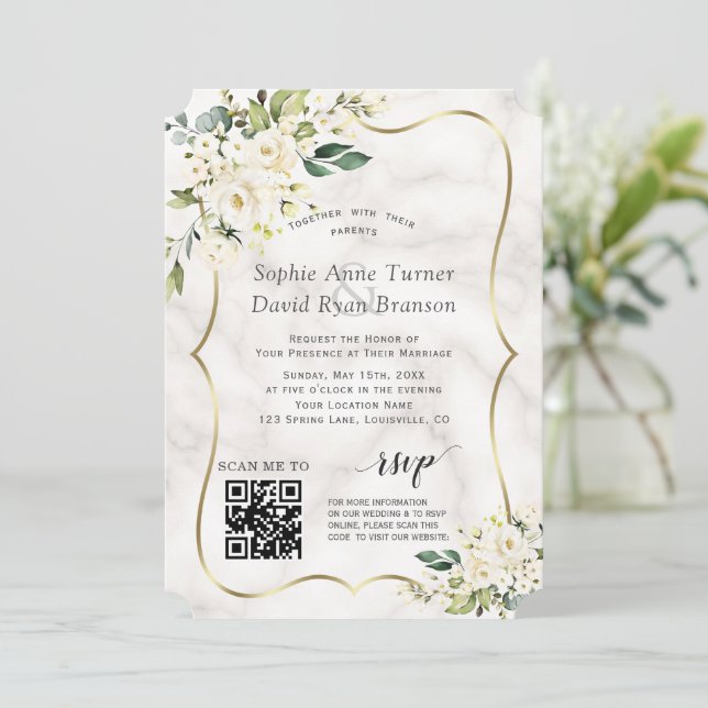 QR Elegant White Flowers Gold Marble Wedding Invitation (Standing Front)