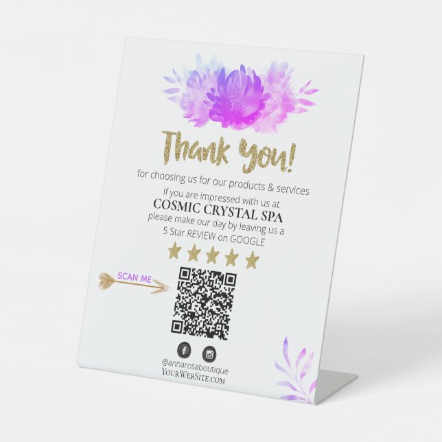 ~* QR FLORAL VIOLET Review Logo THANK YOU AP8 Pedestal Sign (Front)