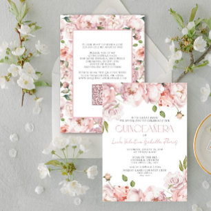 QR Formal Elegant Blush Pink Floral Quinceanera Invitation