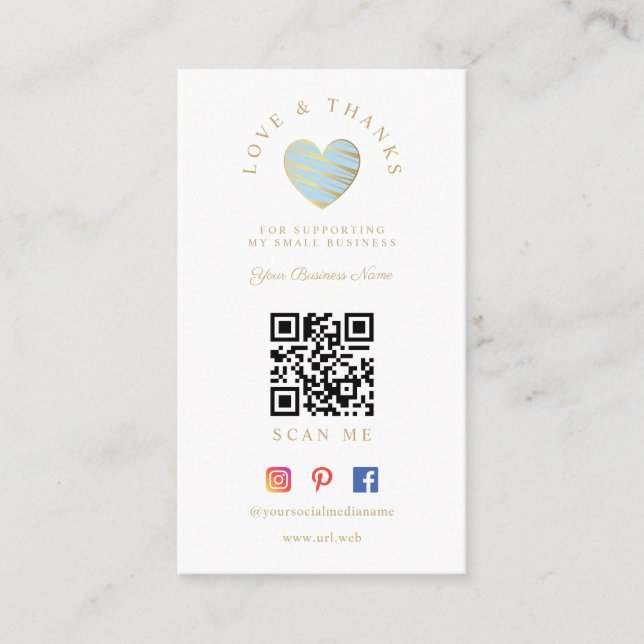 QR Light Blue Heart Love & Thanks Supporting Business Card (Front)