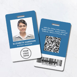 QR Logo Bar Codes Employee Photo Blue ID Badge