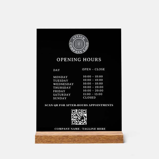 QR Logo Opening Hours Acrylic Sign (Front)