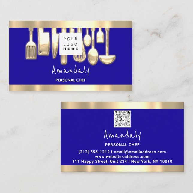 QR Logo Personal Chef Cooking Restaurant Food Blue Business Card (Front/Back)