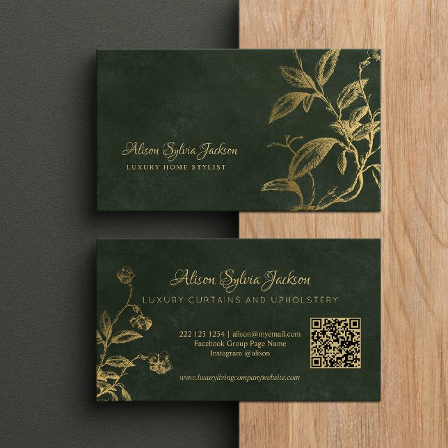 QR Luxury green elegant faux gold foil foliage Business Card (Creator Uploaded)