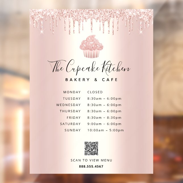 QR Menu Hours Cupcake Bakery Rose Gold Glitter Win Window Cling (Sheet 2)