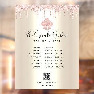 QR Menu Hours Pink Cupcake Glitter Bakery Gold Window Cling