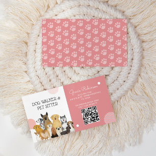 QR Modern Dog Walker Pet Sitter Watercolor Pink Business Card