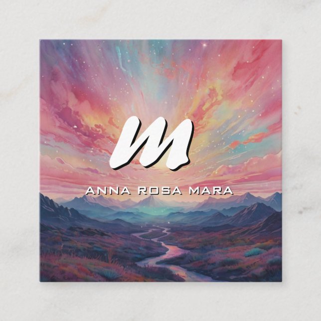 *~* QR Mountains Stream Modern Landscape AP93  Square Business Card (Front)