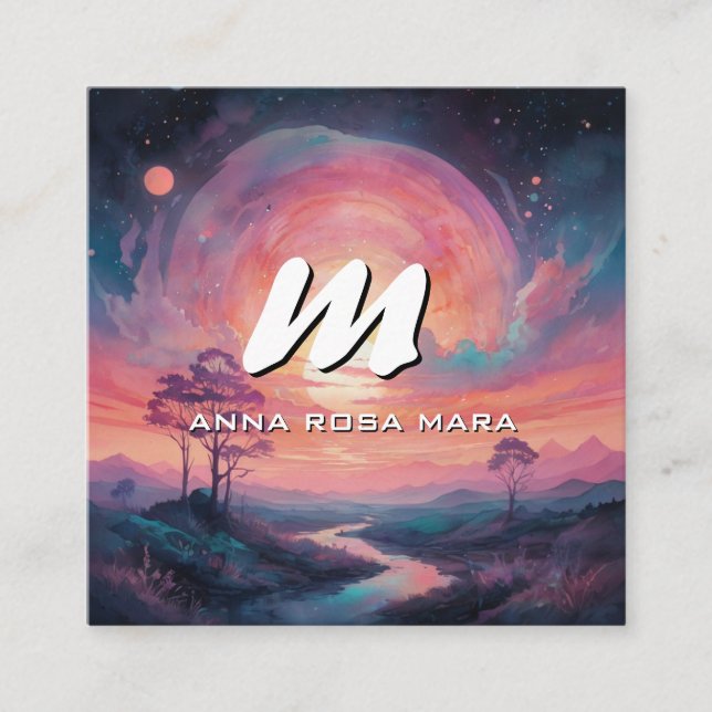 *~* QR Mountains Stream Modern Landscape Sun AP93  Square Business Card (Front)