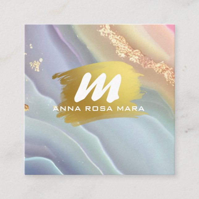 *~* QR Pastel AP66 Gold Glitter Rainbow Agate  Square Business Card (Front)