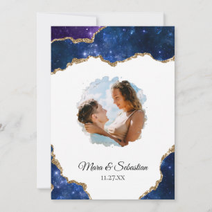 *~* QR PHOTO RSVP AR13 Cosmic AGATE Blue Wedding Invitation