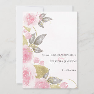 *~* QR Pink Roses AR15 Gold Floral Wedding RSVP Invitation