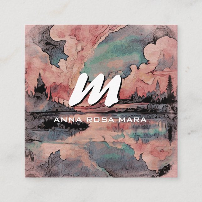 *~* QR Pink Salmon Modern Abstract Landscape AP93  Square Business Card (Front)