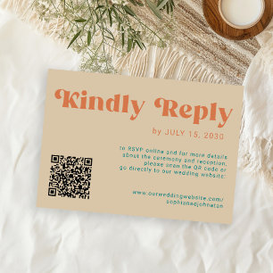 QR retro groovy bold orange beige online wedding RSVP Card